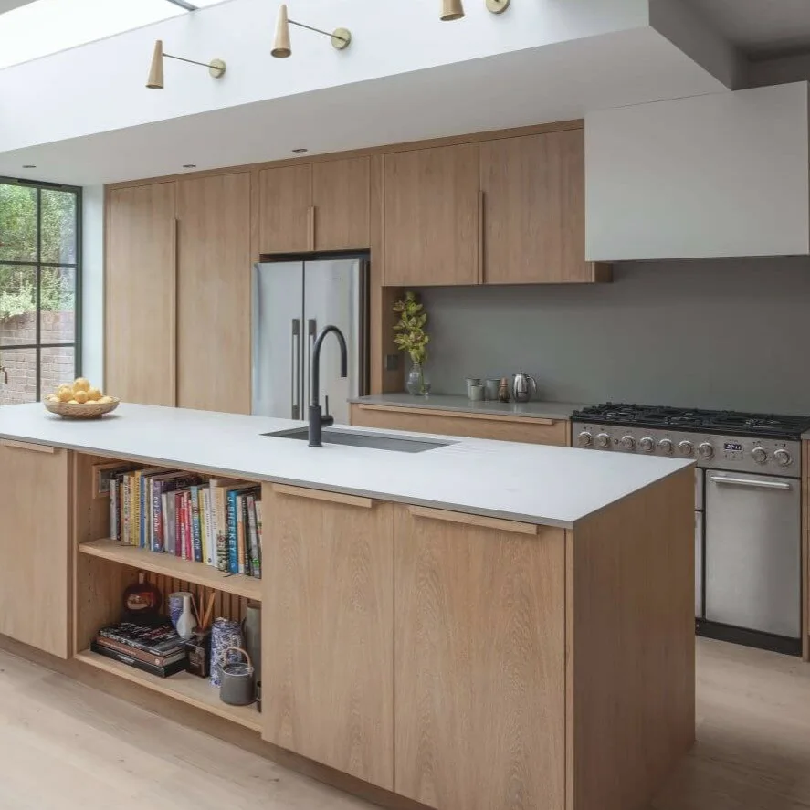 Contemporary Kitchen Storage Cabinets Modern Light Oak Wood Kitchen Island with Built-In Sink & Refrigerator MDF Panel