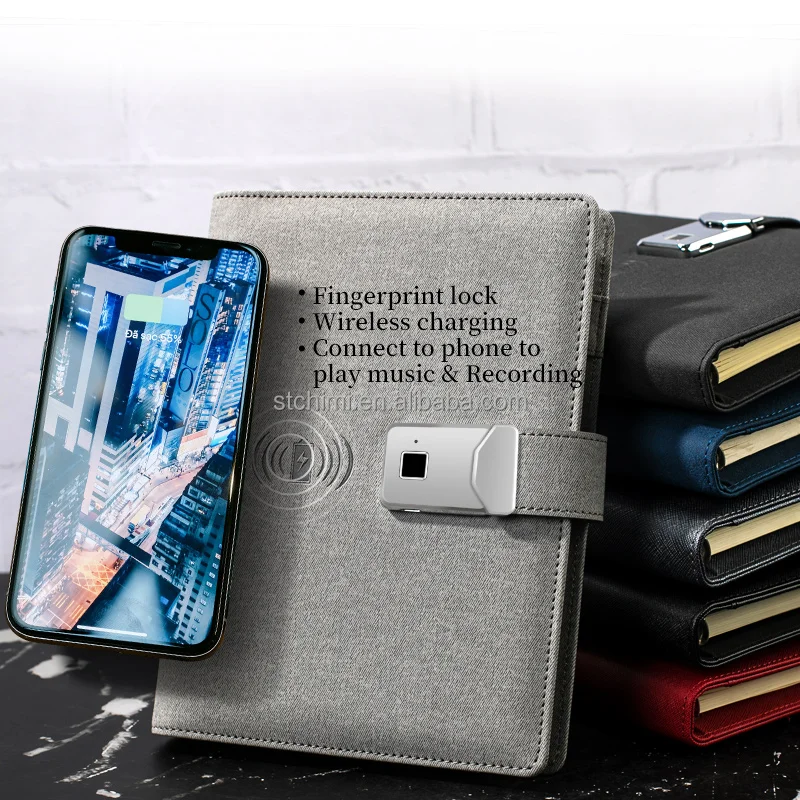 Trending products A5 PU Fingerprint lock wireless and cable charging notebook 12000 mAh new items 2023 corporate gifts