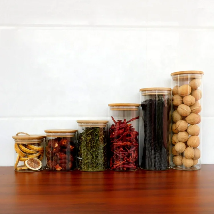 9*22cm Big Discount Glass Jar with Bamboo Lid for Kitchen Spice Food Storage