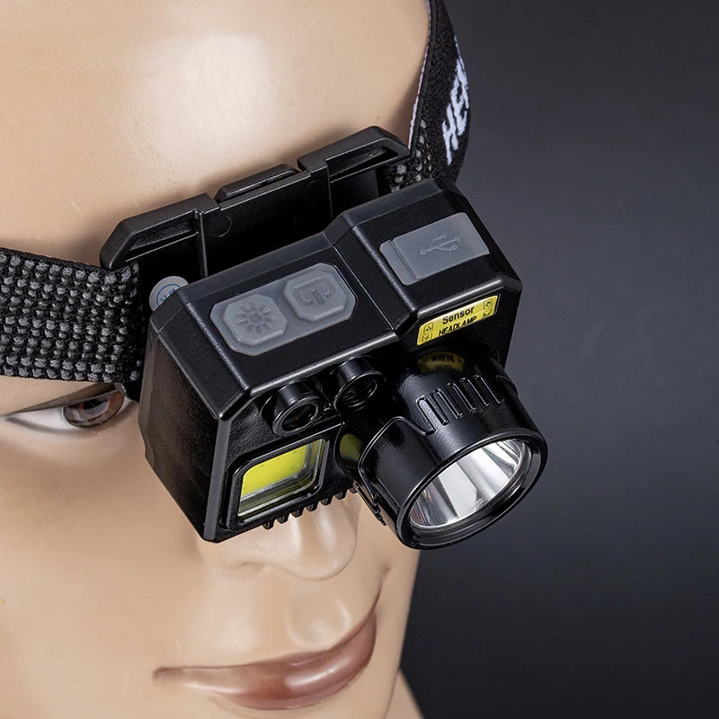 New Mini Wave Induction 45 Degree Adjustment Couple Power Display Usb Rechargeable Cob Night Running Abs Flashlight Led Headlamp