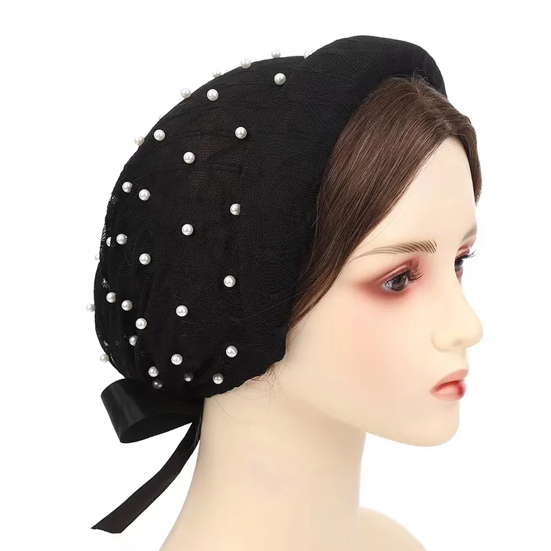 Yiwu Muqian Trading Firm Full head hat with lace bow internet celebrity hot style Beaded headscarf and hat for Muslim women