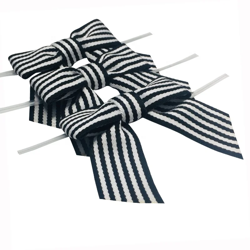 Wholesale Black and White Stripe Grosgrain Ribbon Bow With Wire Twist