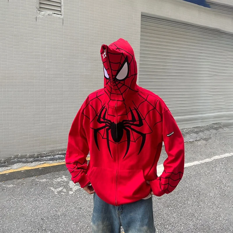 Custom spiderman hoodie full zip over the face spider hoodie oversized full face zip up hoodies jacket men