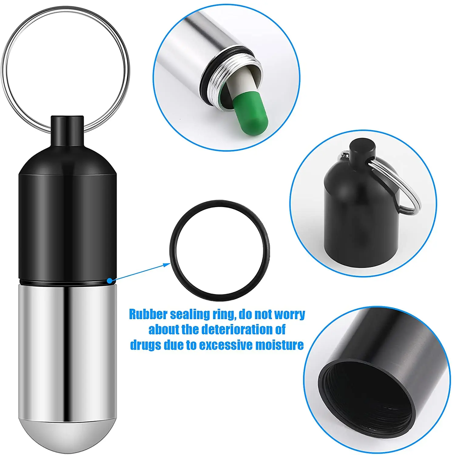 NBBLUESKY Customised Capsule Shape Keychain Aluminium Metal Pill Box Keyring Vial for Stashing Cash and Keys