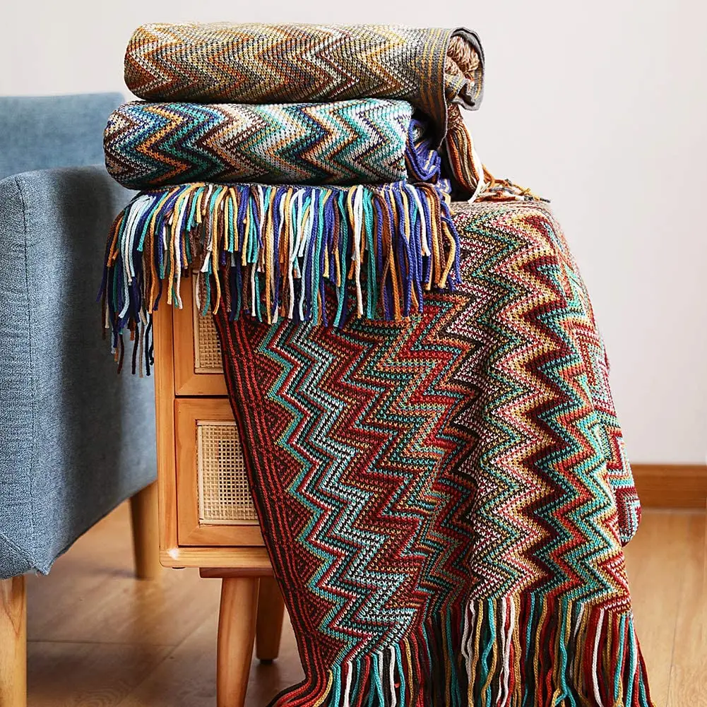 Bohemian Vintage  Throw Blanket with Tassels Soft Red Home Decor for Chair Bed Couch Decorative Cover