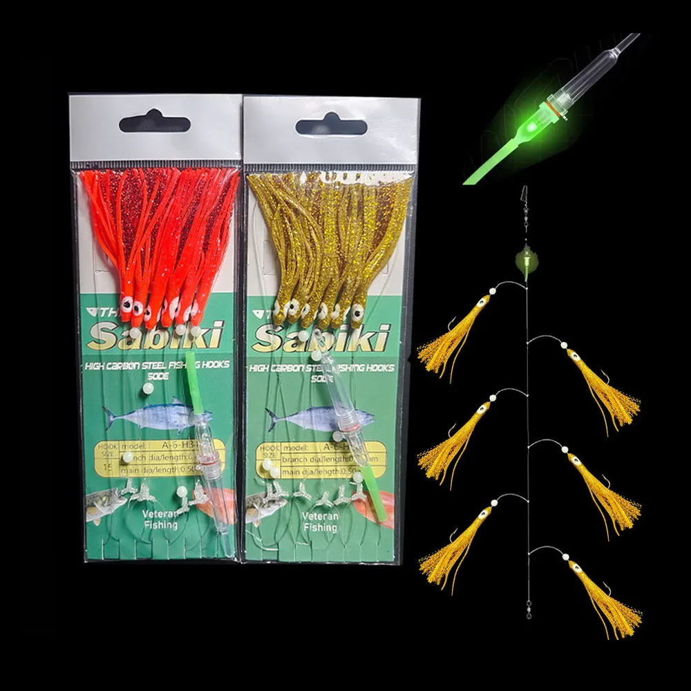 Alpha Saltwater Octopus Rubber Skirt 6pcs Hooks Sabiki Rigs with LED Light