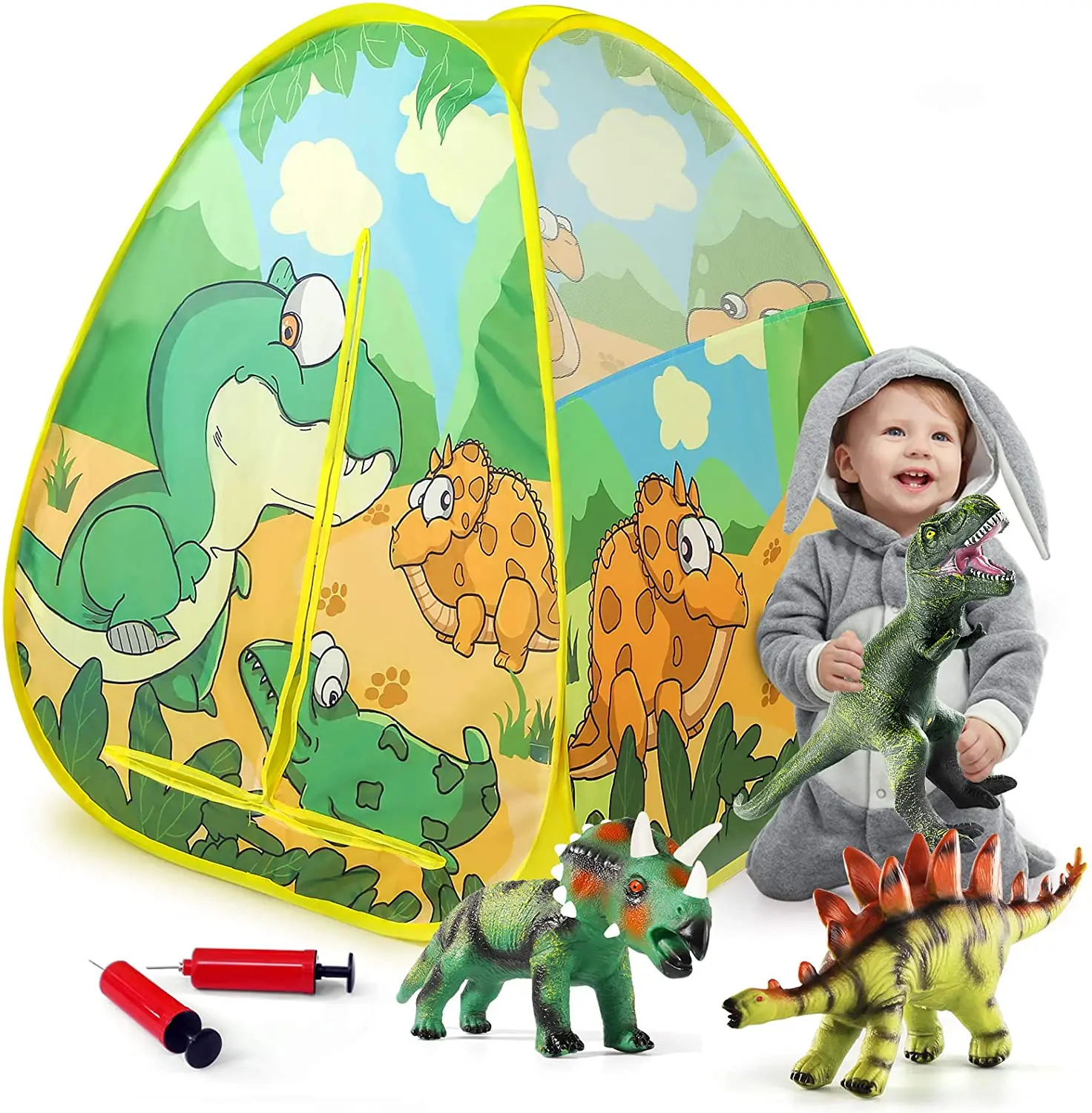 
Kids Play Tent Foldable Pop Up Tent with 3 Jurassic Dinosaur Toys, Indoor and Outdoor Playhouse, Realistic Dinosaur Design Tent 