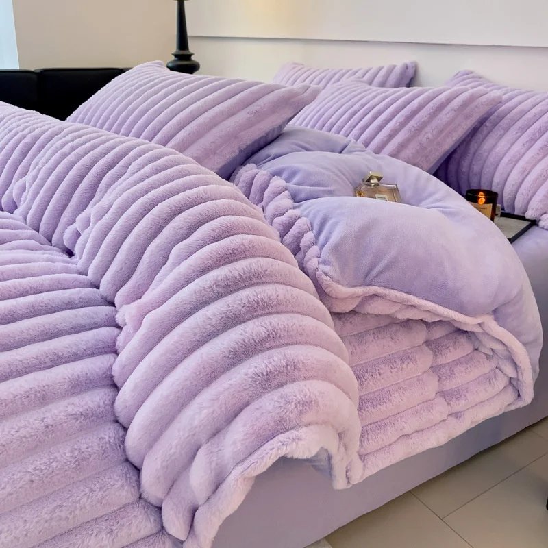 Wholesale Luxury Soft Warm Faux Rabbit Fur Velvet Stripe Fleece Queen King 4 pcs Duvet Cover Bedding Set