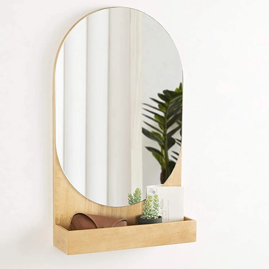 Modern Wood Framed Capsule Mirror, 16 x 26, Natural Wood, Scandi Mirror with Shelf for Wall