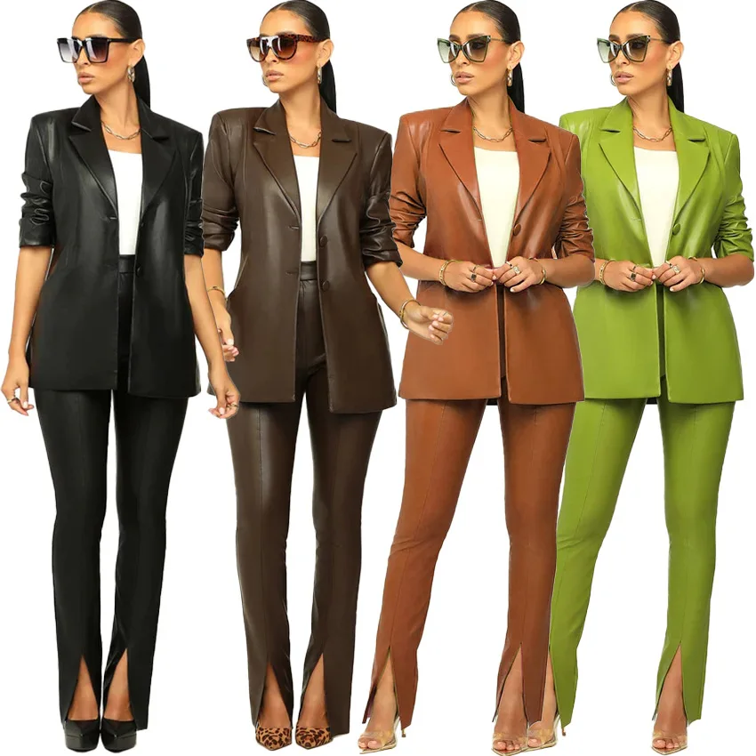Latest Design Long Sleeve PU Leather Blazers Set For Women Two Piece Pants Set Women Formal Work OL Ladies Suits