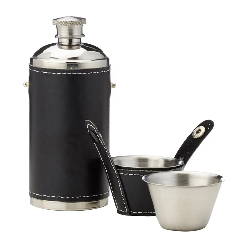 Wholesale cylinder  8oz metal stainless steel hip flask set with Leather Cover with steel cup