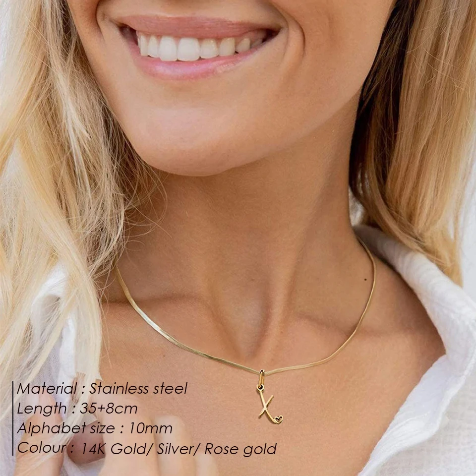 eManco DIY Flat Snake Chain Love Letter Initial Necklace Stainless Steel Jewelry Alphabet Pendant Necklace