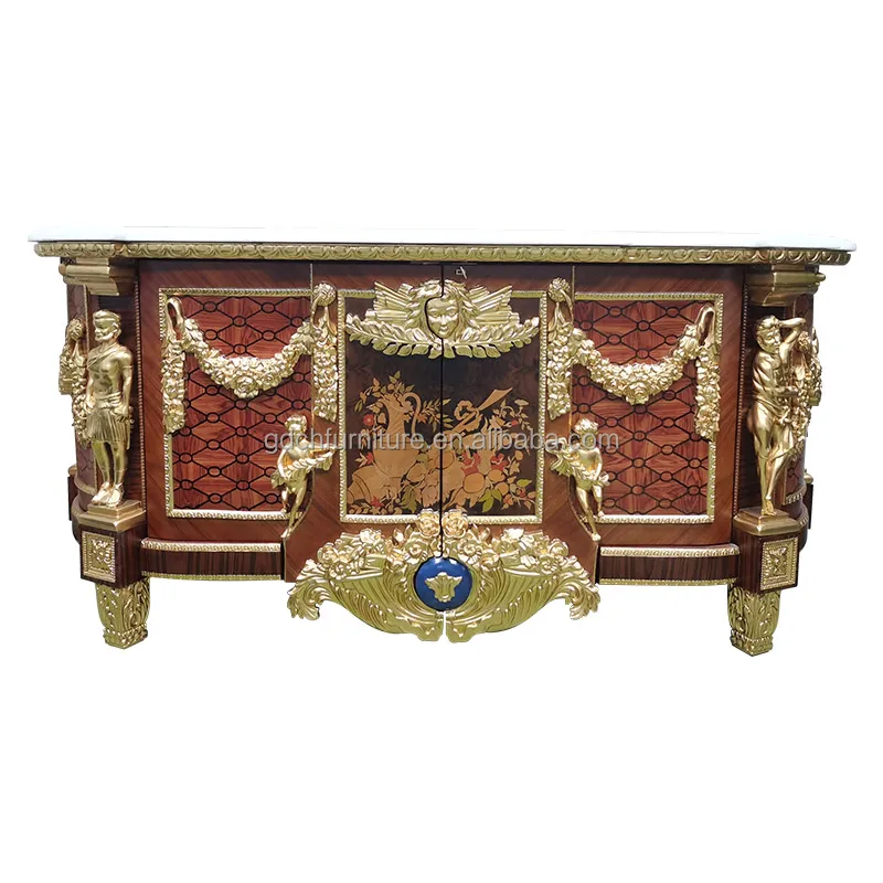 French luxury Wooden Cabinet Sideboard Antique OAK Living Room Cabinet bedroom Hand draw Marble cabinetn Chest