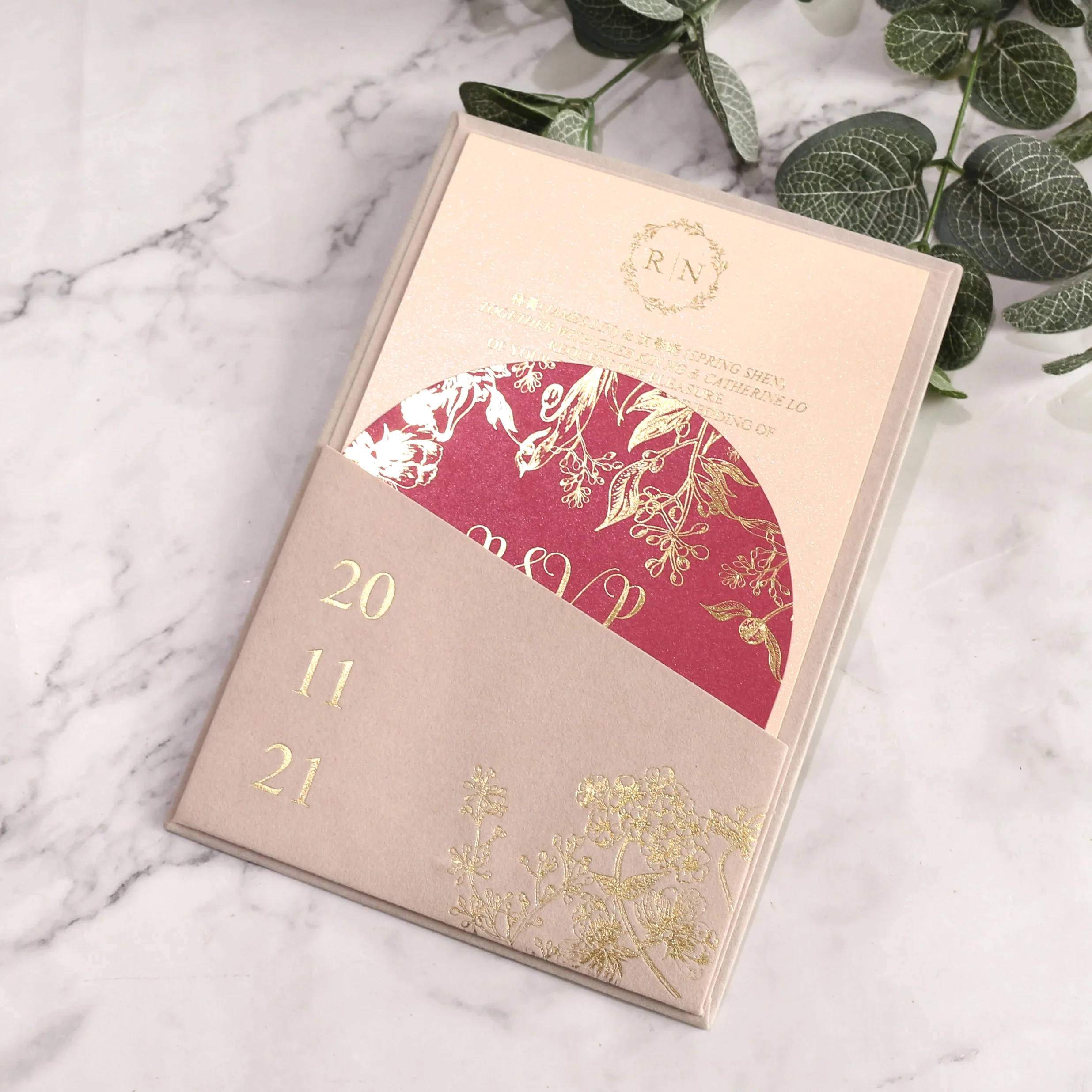 A5 Size Light Pink Color Velvet Red RSVP Card Single Hardboard Wedding Invitation Invites