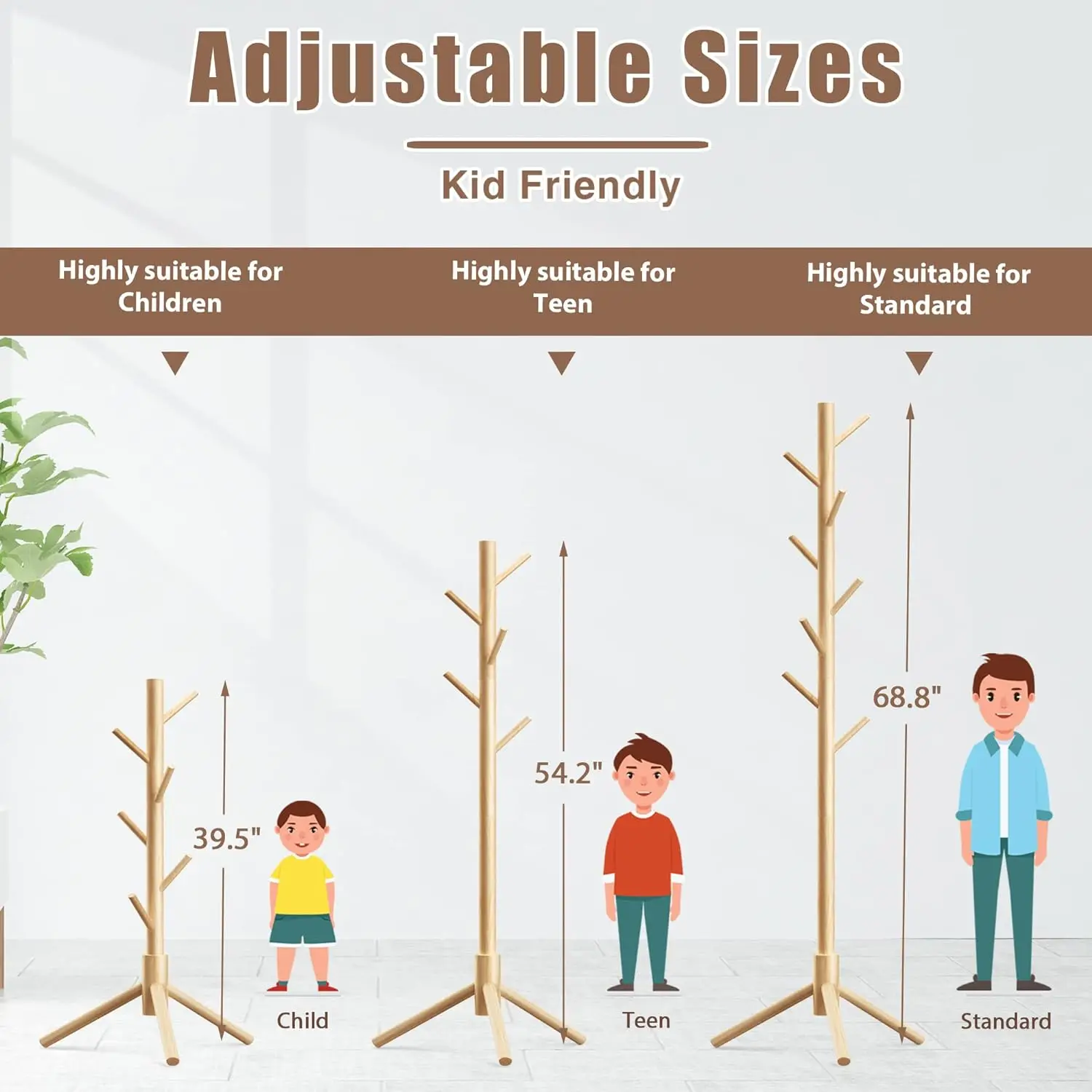Clothes hanger rack stand with 8 Hooks Adjustable wooden coat rack Tree foldable clothes drying rack