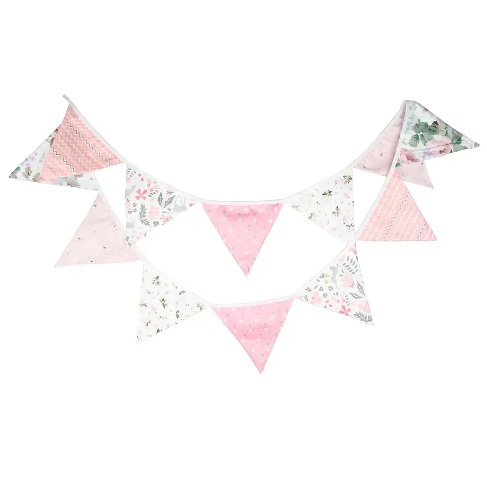 Vintage Floral 12-Piece Cotton Flag Bunting Garland Graduation Halloween Party Rustic Floral Birthday Holiday Decoration Banner