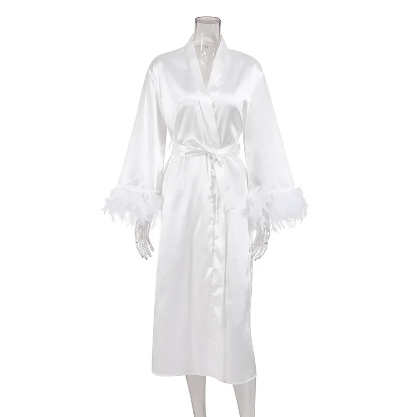 Summer Nightgown Feathered Satin Long Bathrobe Ladies Home Wear Clothing