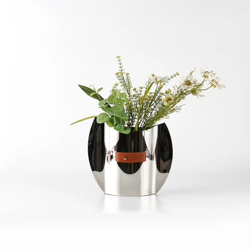 Luxury Home Room Decorative Wedding Leather Decoration Stainless Steel Metal Vase