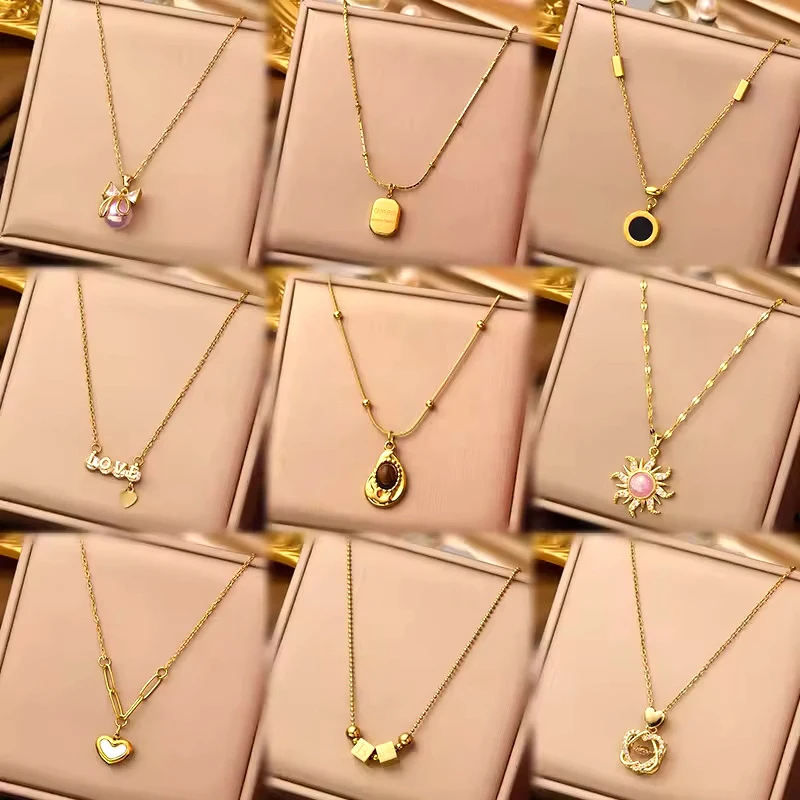 Hot Stainless Steel 18k Pearl Shell Zircon Cross Clover Butterfly Heart Pendant Necklace Women Bow Water Drop Charm Necklace