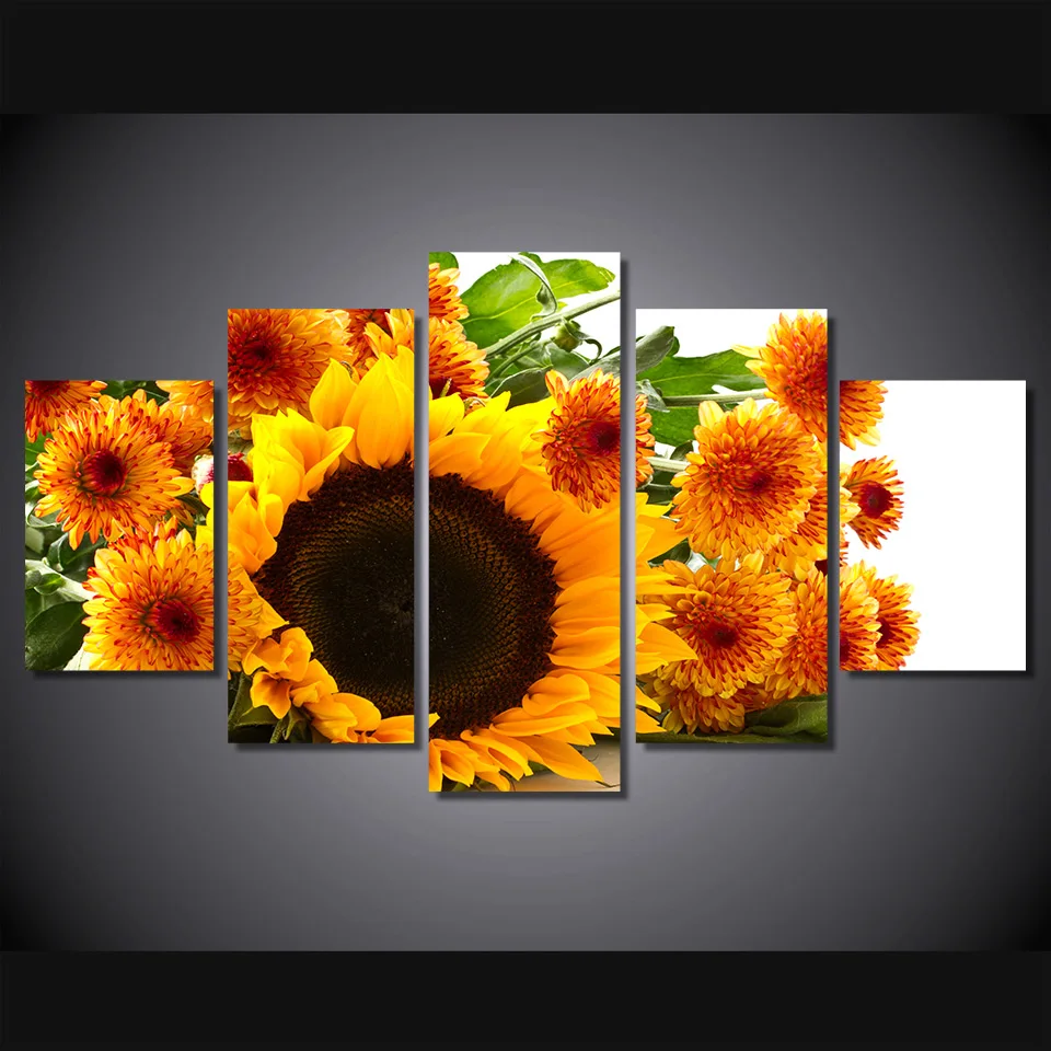 Modern HD Printed Painting Flowers Canvas Home Decor 5 Panel Yellow Sunflower Landscape Poster Modular Wall Picture