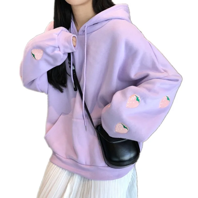 Harajuku Strawberry Embroidery Lavender ymCYad Autumn Winter Women Kawaii Loose Long Sleeves Oversized Hoodies XXL