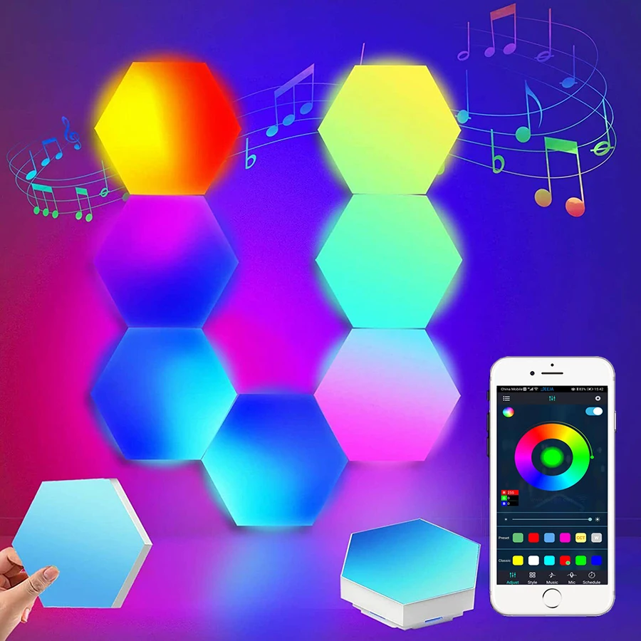 Geometric Color Adjustable Hexagon Wall Lights Panels Spliced DIY Dimmable Led Wall Night Light Music Sync Interior Led Modular