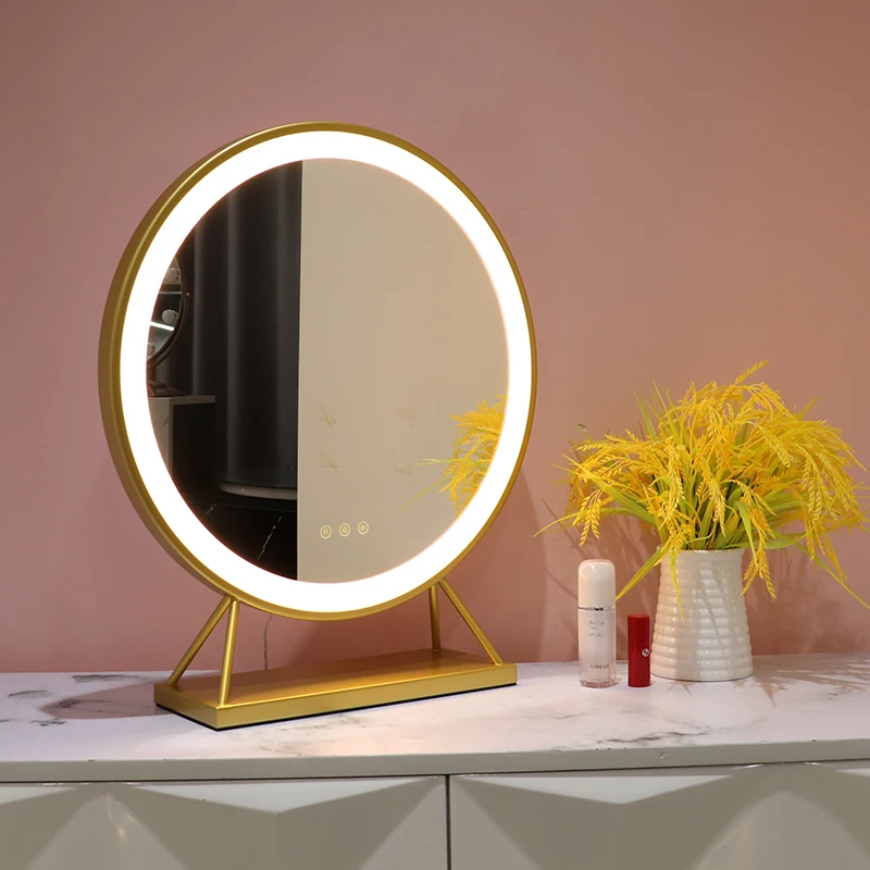 european style luxury gold tabletop led makeup mirror With iron frame and base