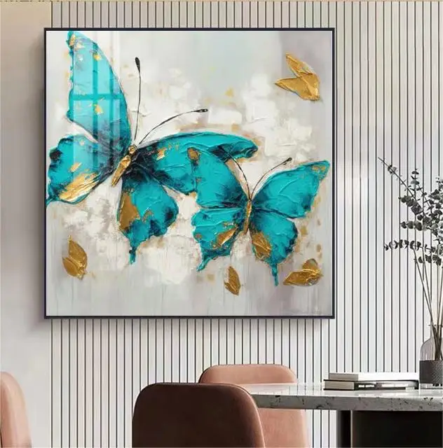 Large 3D Texture Blue Gold Butterfly Modern Oil print Painting on Canvas Custom Living Room Wall art Decor Animal Paintings