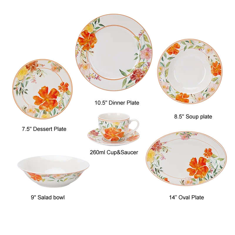 18pcs 20pcs 24pcs wholesale spring blooming fall autumn garden flora ceramic plate and dish dinner set with bowl