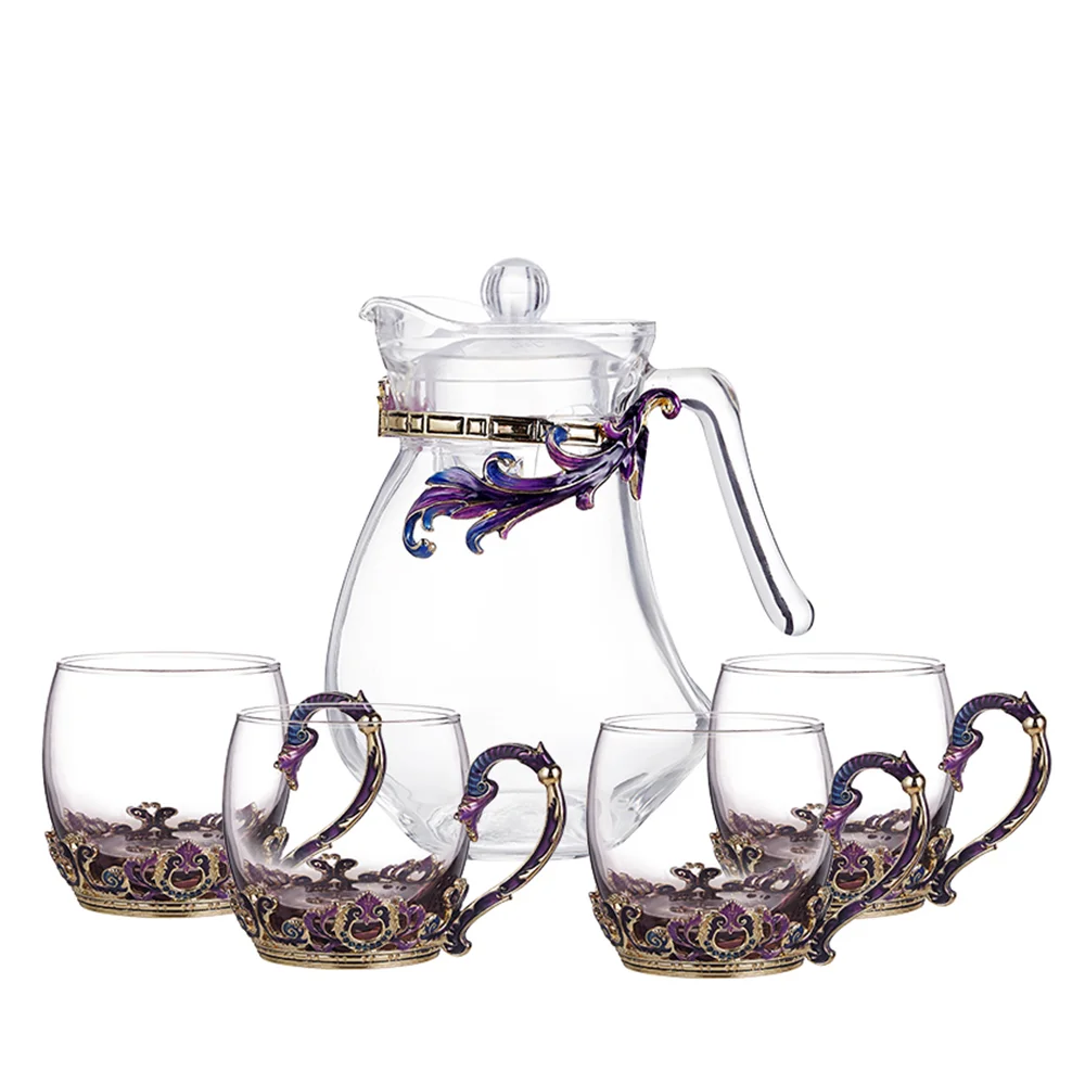 Moroccan Luxury arabic Pakistan Enamel Water Cup Set High End Household Cup Heat Resistant Glass Teacup and Teapot Set