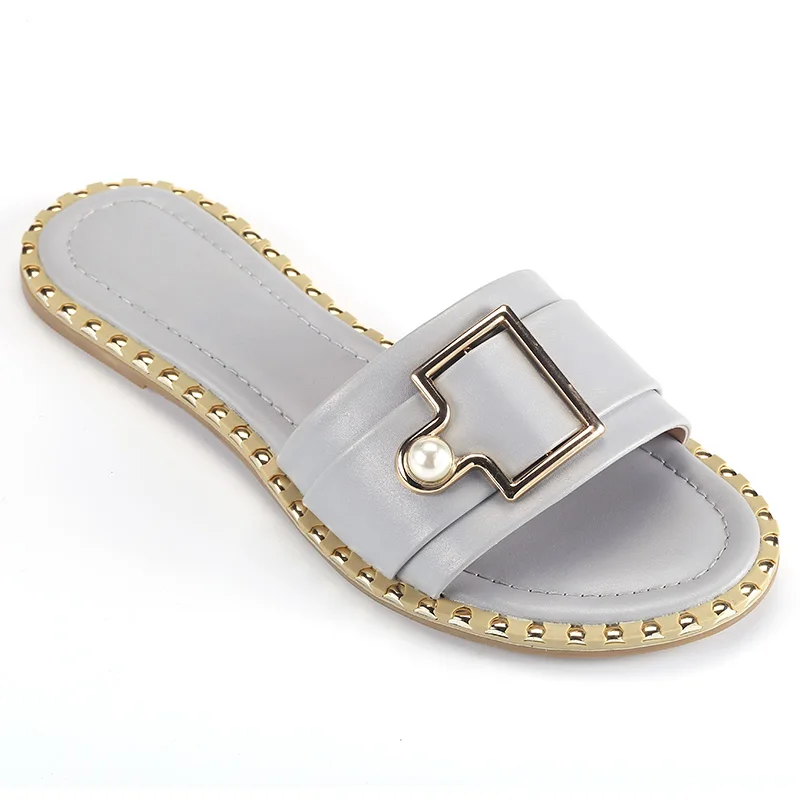 Factory Branded Wholesale Grey Slide Slipper For Woman Flat Heel Luxury Design