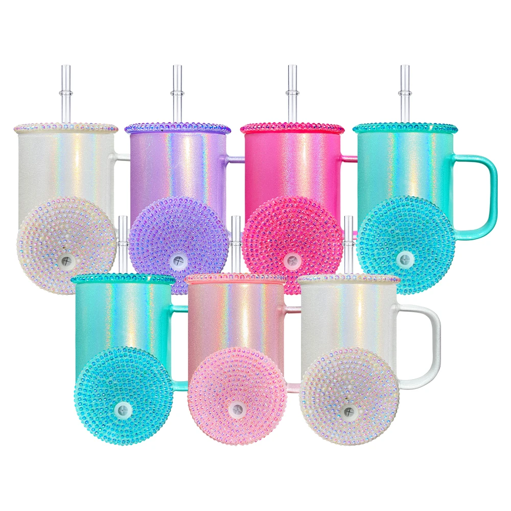 USA warehouse 17oz holographic shimmer glass mug with studded lid High Borosilicate sublimation glass mug with pp lid