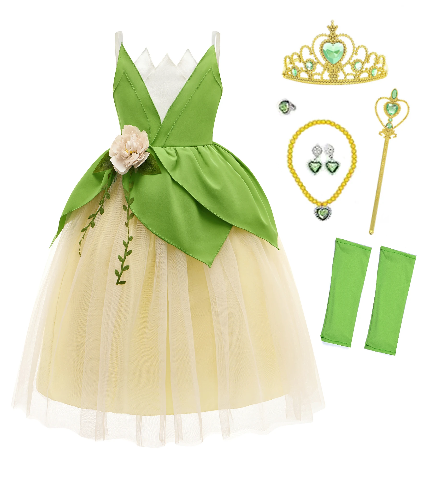 Girls Tiana Dress Up Evening Party Green Princess the Frog Ball Gown Fancy Fairy Birthday Fluffy Dresses with Hair Accessories