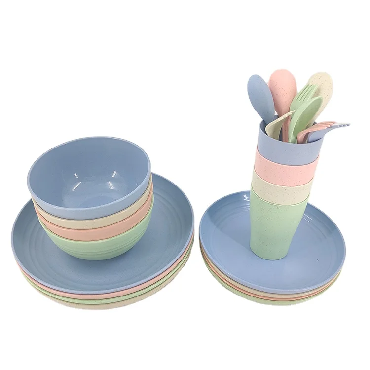 Wholesale eco friendly biodegradable bamboo fiber tableware dinnerware set wheat straw set of 24 pieces