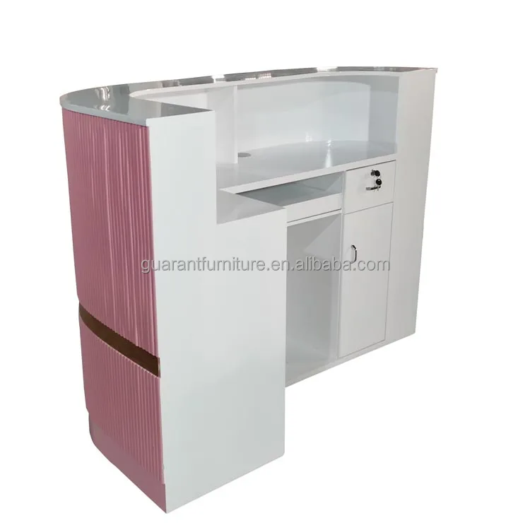 pink curved wooden salon reception desk L shaped reception desk