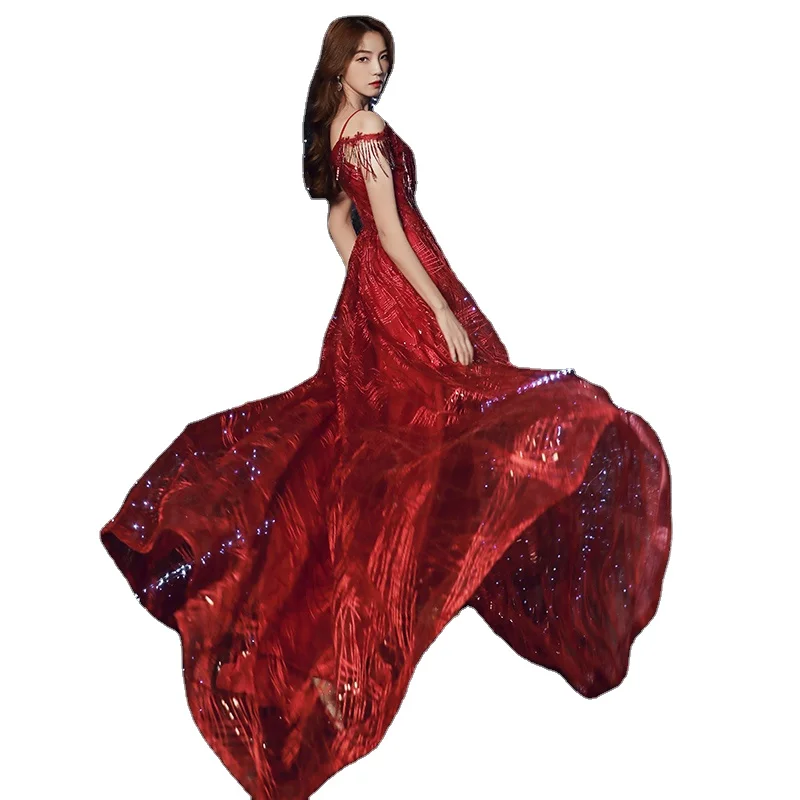 Embroidery luxury tail wedding dress high quality lace lady fashion custom summer wine red embroidery Sequin OEM