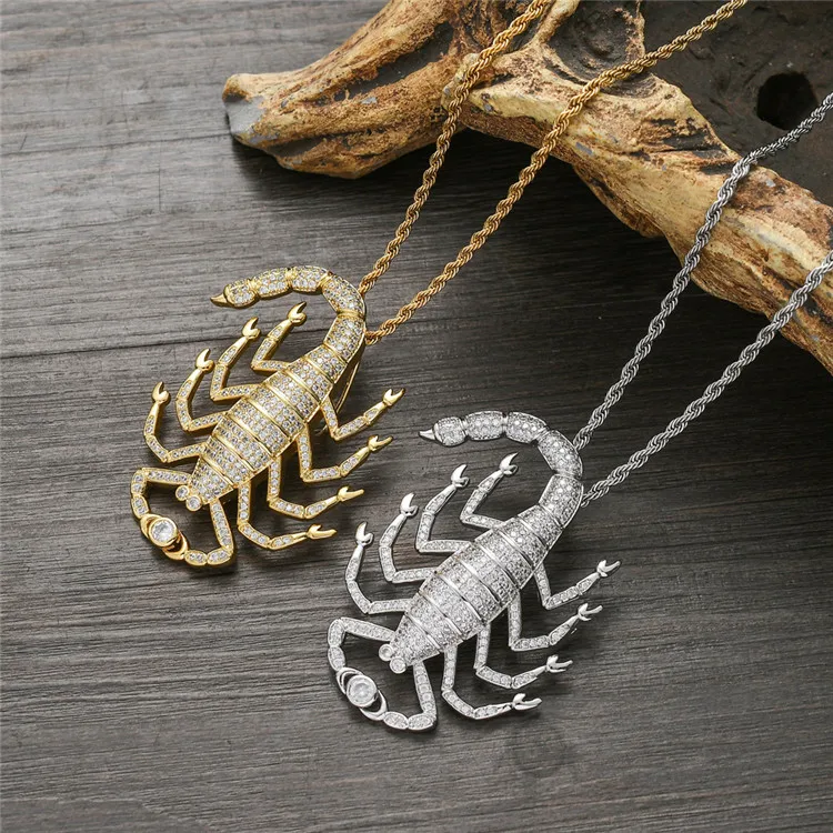 New Fashion 18k Gold Plated Micro Pave Bling AAA Cubic Zircon Hiphop Scorpion Pendant Necklace