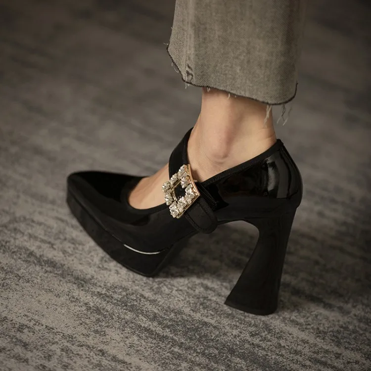 Round Toe Head Lace Up Buckle Strap Rope Pure Solid Color Fashion Casual Slip On Cowhide Leather Chunky Thick Sole Ultra Heels