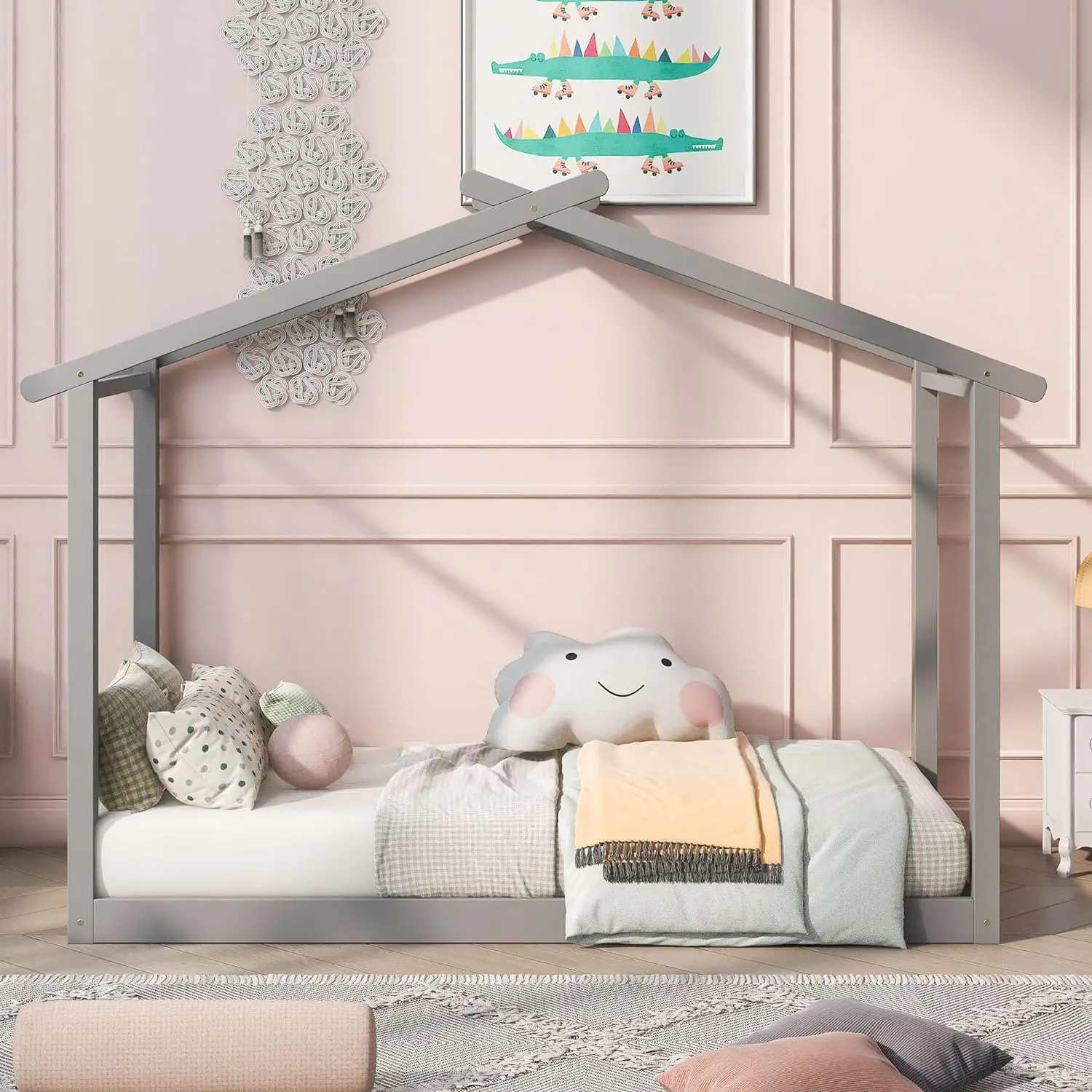 Cabin Bed 90/180 x 190 cm Solid Wood Convertible Floor Bed with Slatted Base Trundle