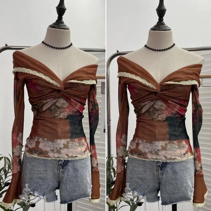 Butterflies Vintage Women V Neck Sexy Slim Fit Versatile Short Lace Long Sleeved Lace Shirts T-shirt Women Blouses Shirts