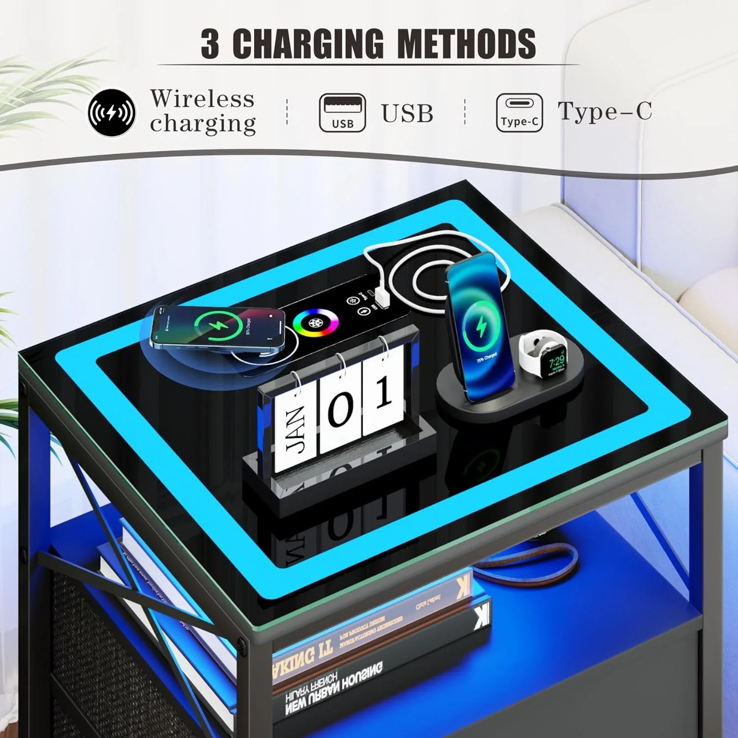 Smart Living Room Nightstand End Side Table USB Port & Power Outlet Bedroom table with drawers storage cabinet and glass top