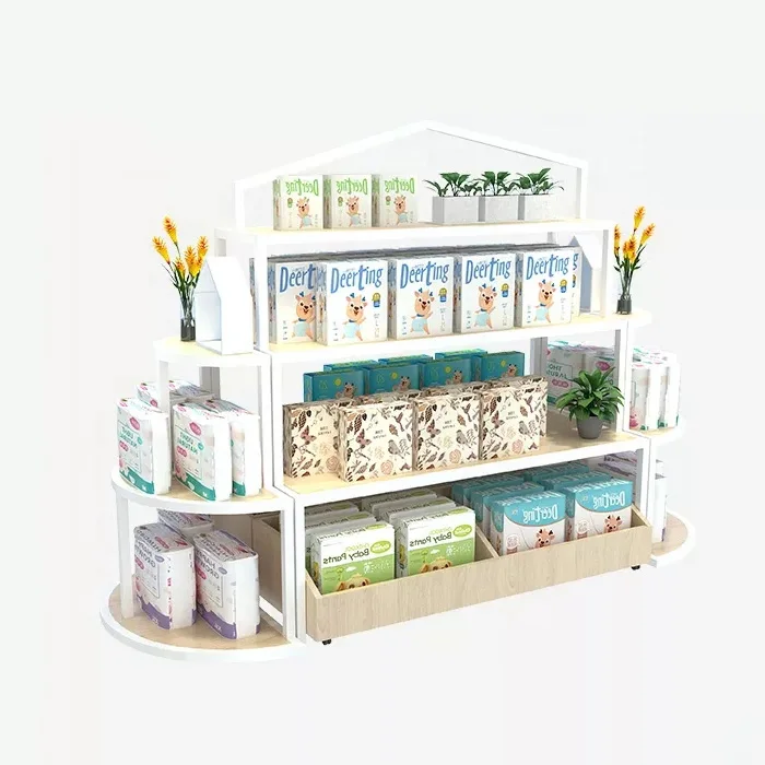 Modern mother and baby shop display cabinet wooden pink display rack milk powder display rack supermarket