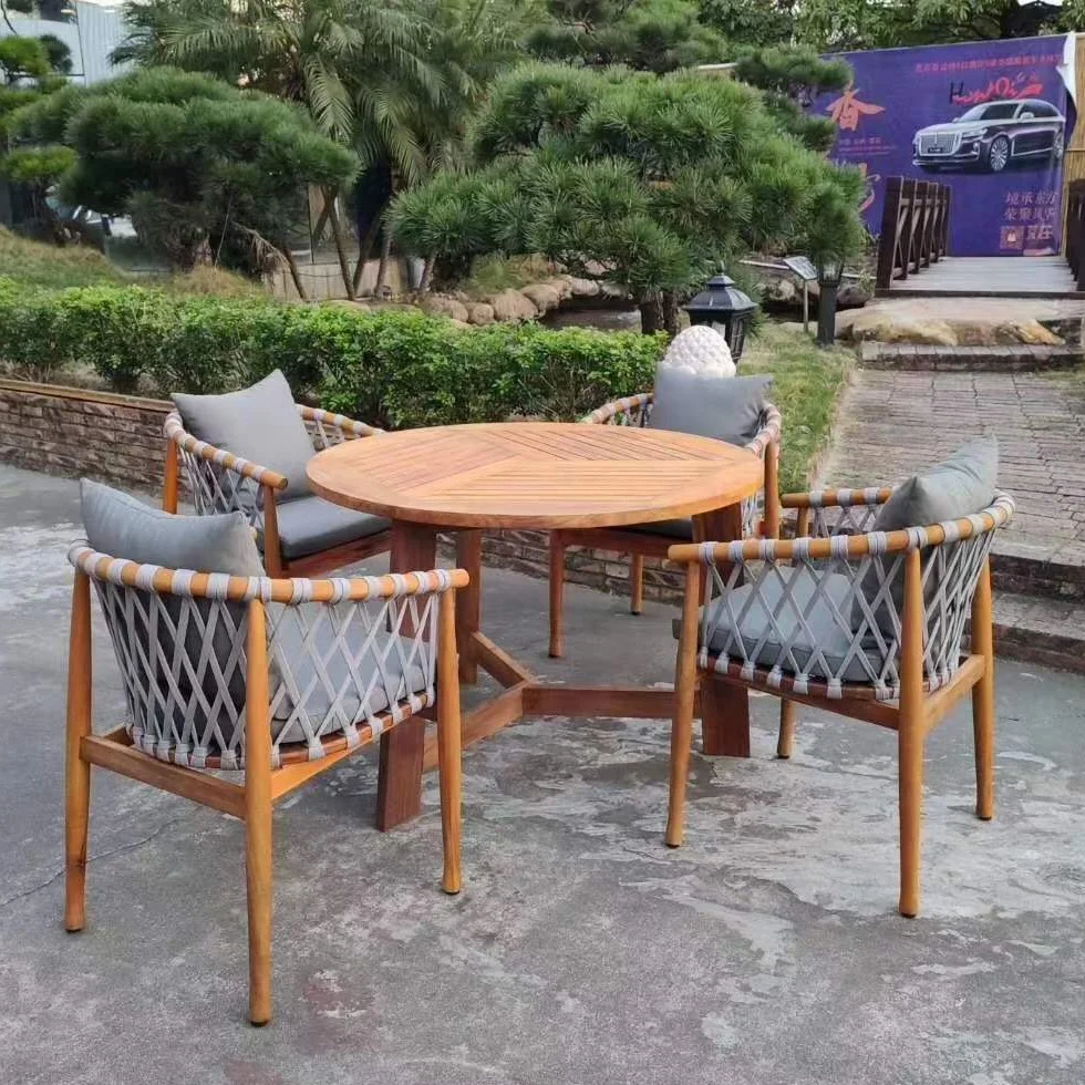 Teak garden furniture all weather rope chair set round table wood outdoor dining set