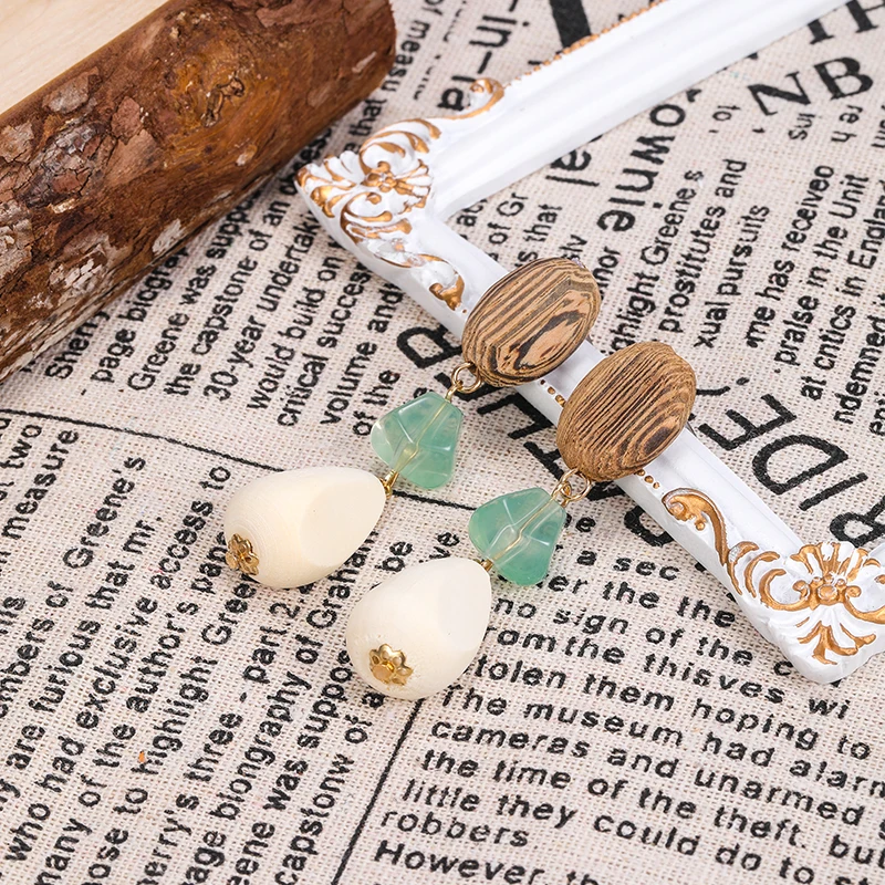 HOVANCI Boho Earrings S925 Stud Large Wood Laser Cut Acrylic Bamboo Ball Long Beads Geometric Earrings