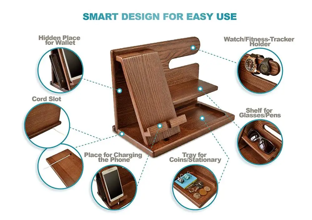 
Wooden Docking Station With Key Holder Wallet Stand Watch Organizer Men Gift Husband Dad Birthday Nightstand 