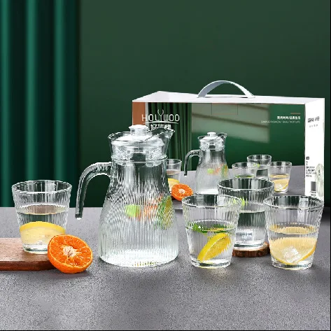 High Quality Gold European middle east Hot 7 pcs 7pcs set 1500ml ribbed Coffee and Tea glass golden water jug with beak box