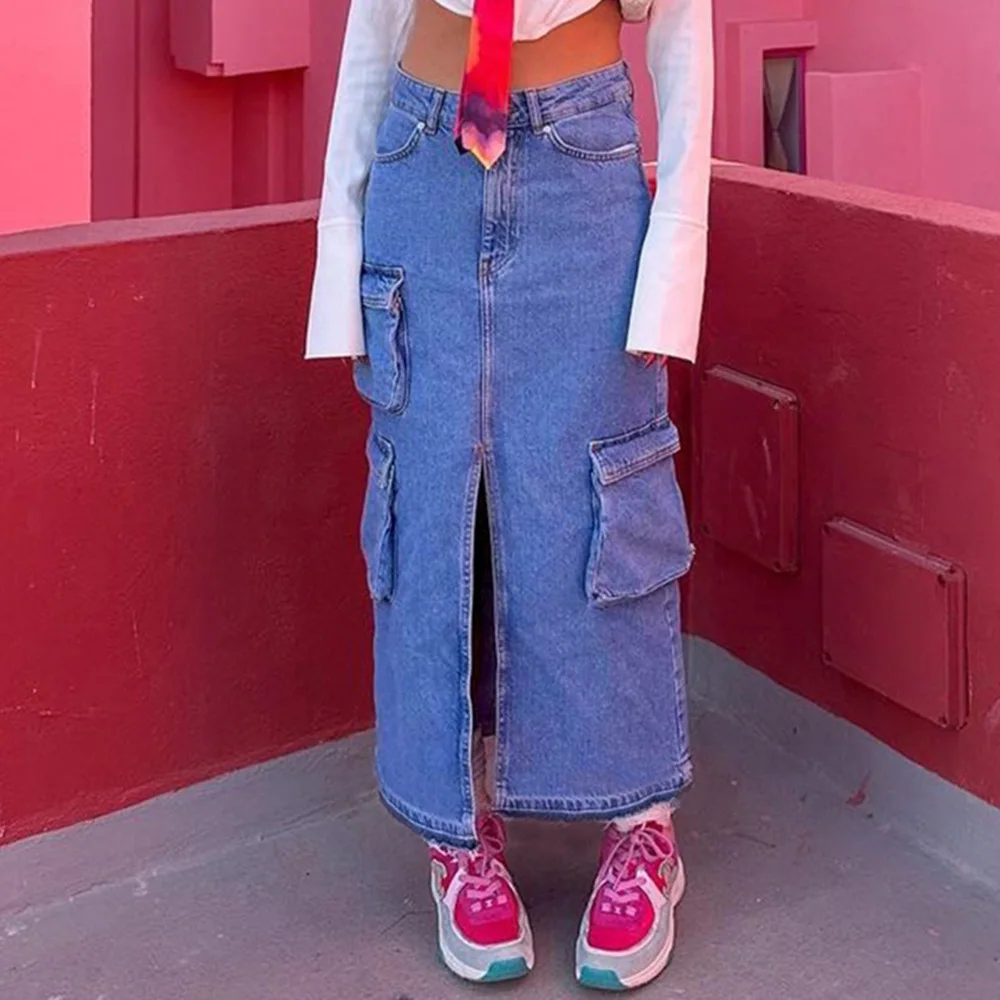 Sharee Street Wear Blue Pocket Slit Pencil Denim Jeans Skirt for Women Ladies