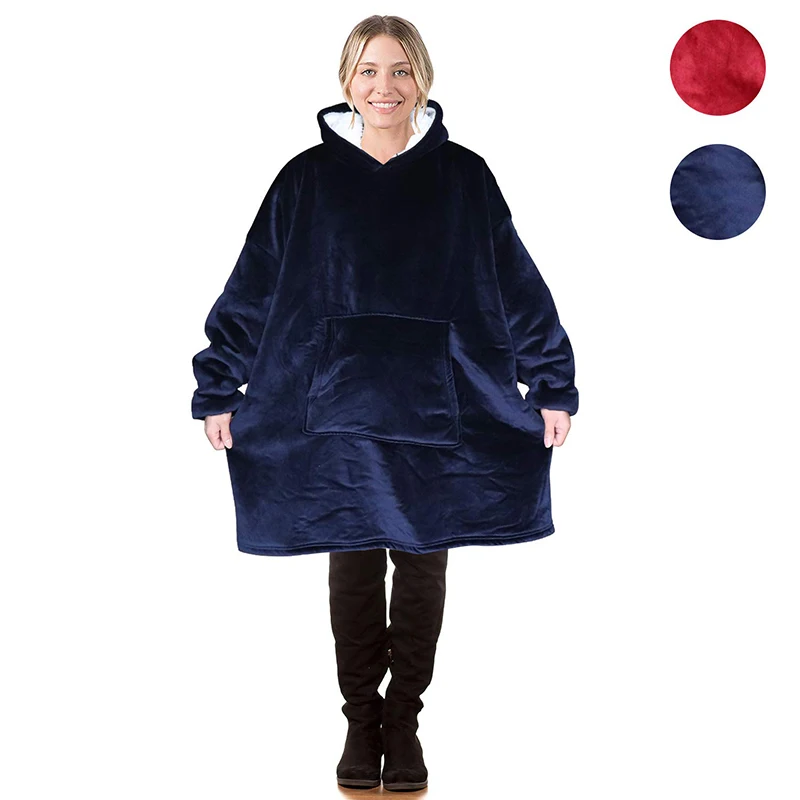 Sedex Bsci winter customized polyester flannel Sherpa blanket hoodie Adults Solid Oversized Wearable Hoodie Blanket with