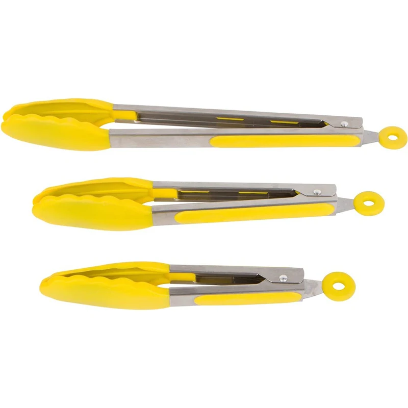 Желтые кухонные щипцы с силиконовыми наконечниками-набор из 3 силиконовых фиксирующих щипцов для приготовления пищи-7,9,12 дюйма-для барбекю, гриля, духовки