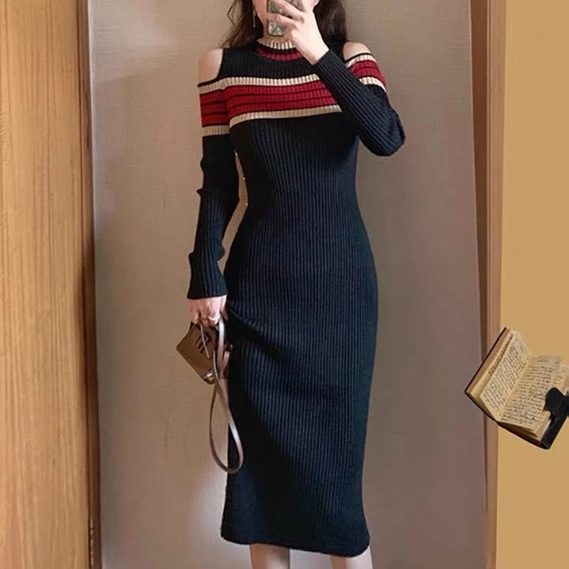 Striped Slim Slit Trendy New Knit Midi Dresses Long Sleeve Women Elegant Sexy Dress